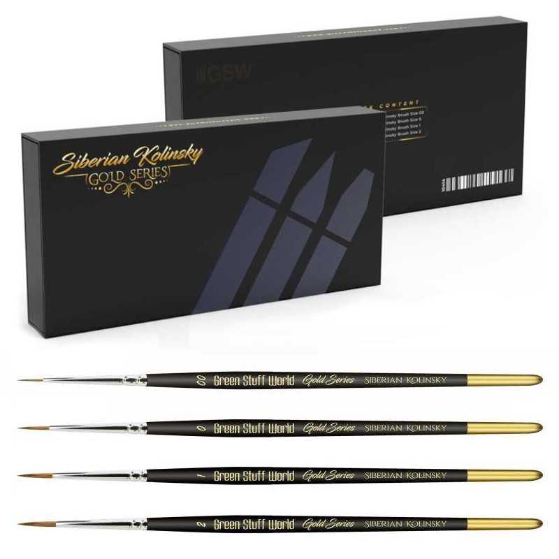 Set of Siberian Kolinsky painting brushes with branded packaging on a white background