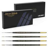 Set of Siberian Kolinsky painting brushes with branded packaging on a white background
