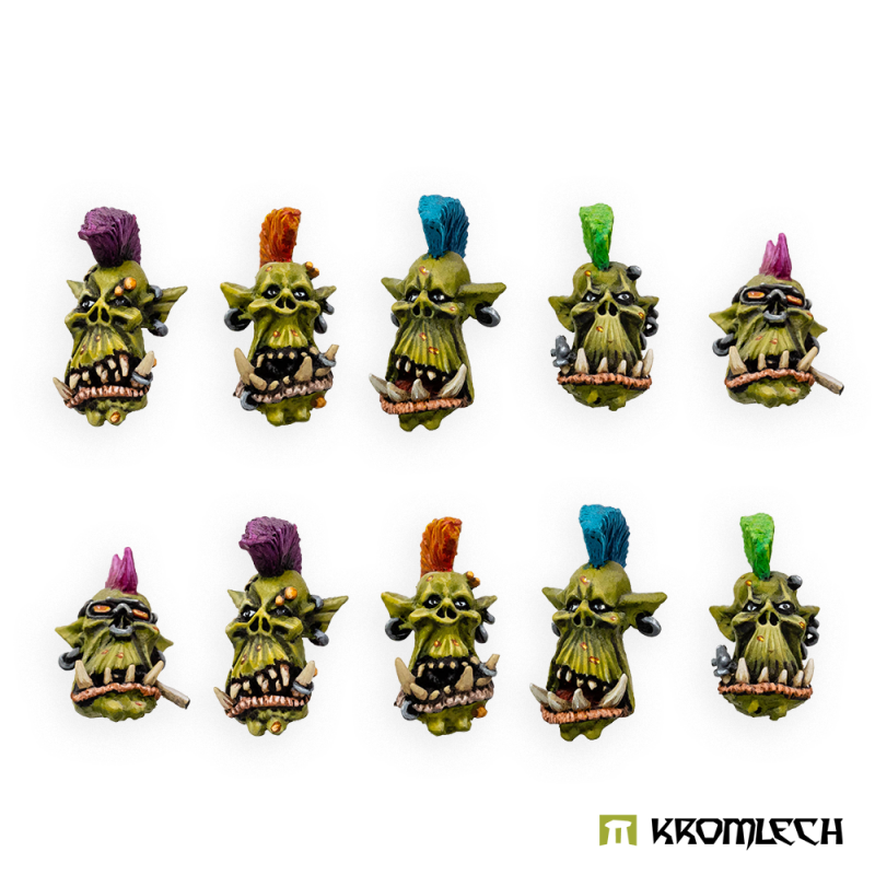Kromlech Punk Orcs Heads, all ten painted: green skin with green, blue, orange, purple and pink mohawks