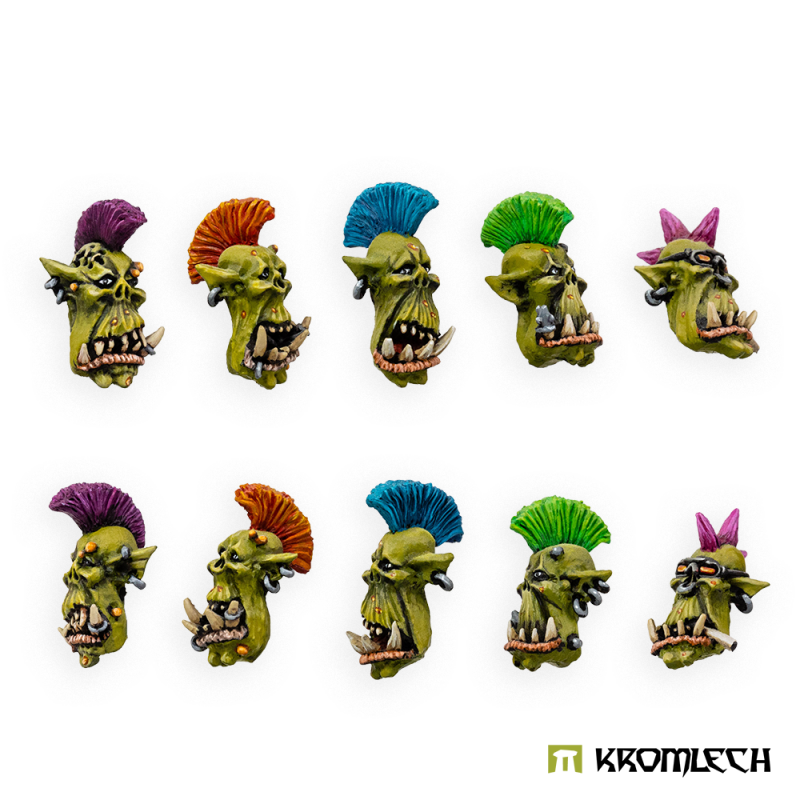 The ten painted punk orc heads turned to show the crests and piercings from the side