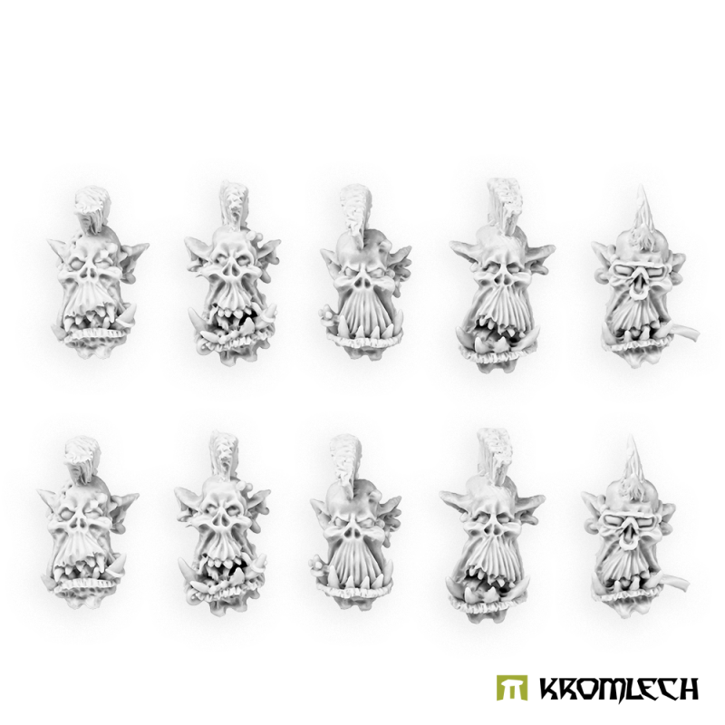 All ten punk orc heads in pale unpainted resin, five designs twice