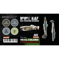 Color swatches of the four RAF Day Fighter Scheme paints included in the RCS109 set: Dark Green, Ocean Grey, Medium Sea Grey, and Sky, with detailed labels showing their application on late-war fighters
