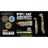 Color swatches of the three RAF Desert Scheme paints included in the RCS110 set: Dark Earth, Azure Blue, and Middle Stone, with detailed labels showing their application on aircraft
