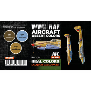 Color swatches of the three RAF Desert Scheme paints included in the RCS110 set: Dark Earth, Azure Blue, and Middle Stone, with detailed labels showing their application on aircraft