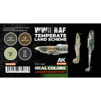 Color swatches of the four RAF Temperate Land Scheme paints included in the RCS108 set: Dark Green, Dark Earth, Sky, and Night (NATO Black), with detailed labels showing their application on aircraft
