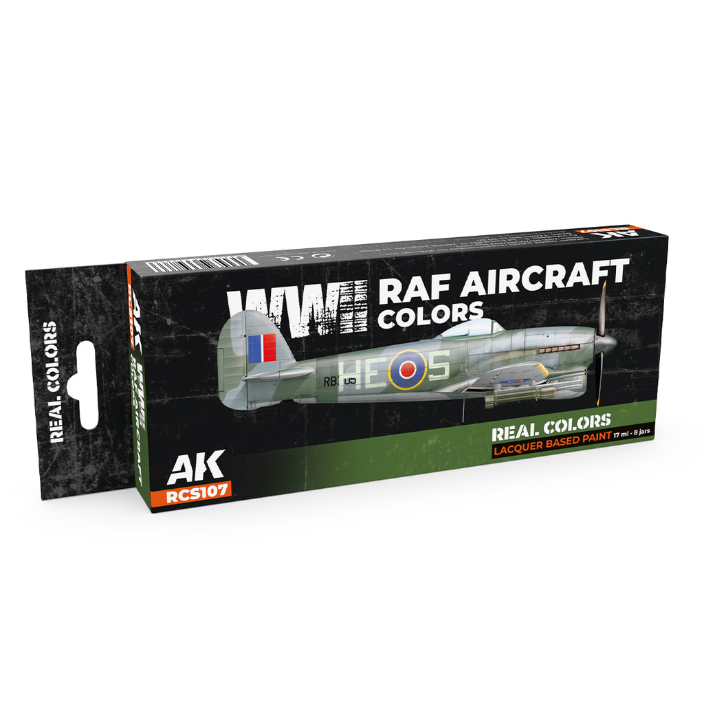 AK Interactive Real Colors WWII RAF Aircraft Colors RCS107 box with eight 17 ml lacquer paint bottles