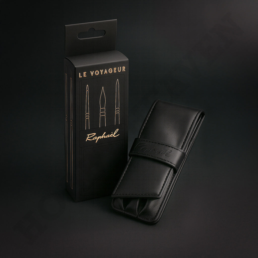 Raphael Le Voyageur travel watercolour set packaging with elegant black leather brush case