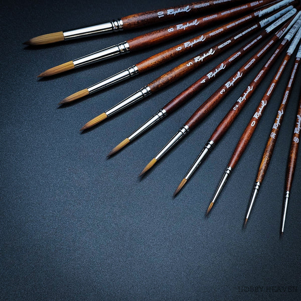 Full set of Raphael Precision 8504 synthetic Kolinsky brushes with short wooden handles, ideal for watercolour, gouache and miniature painting