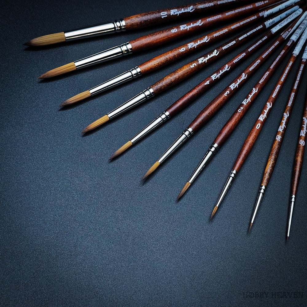 Full set of Raphael Precision 8504 synthetic Kolinsky brushes with short wooden handles, ideal for watercolour, gouache and miniature painting