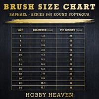 Raphaël Softaqua Series 845 round brush size chart with diameter and tip length measurements in millimetres
