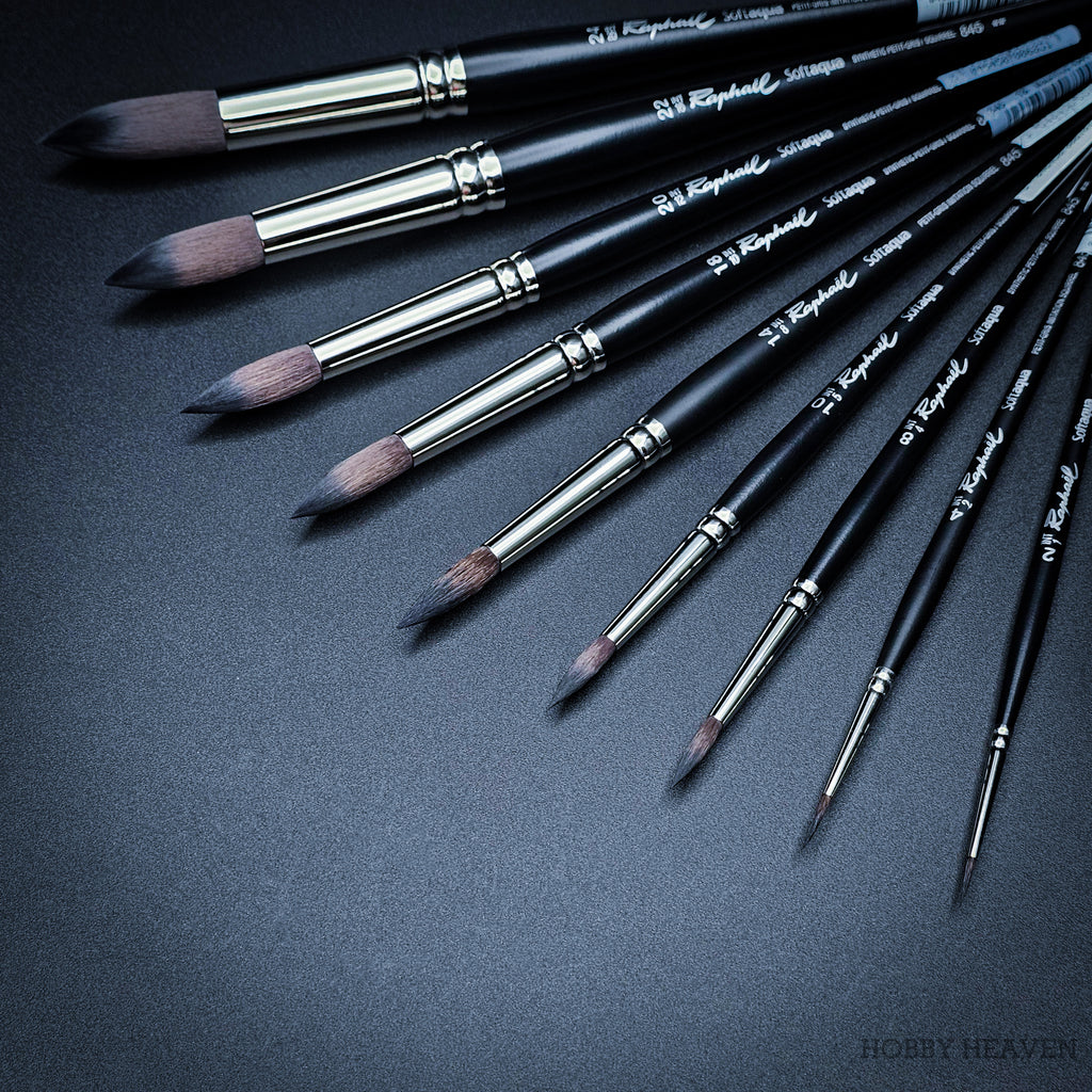 Raphaël Softaqua 845 round synthetic squirrel watercolour brushes in multiple sizes with black handles and nickel ferrules
