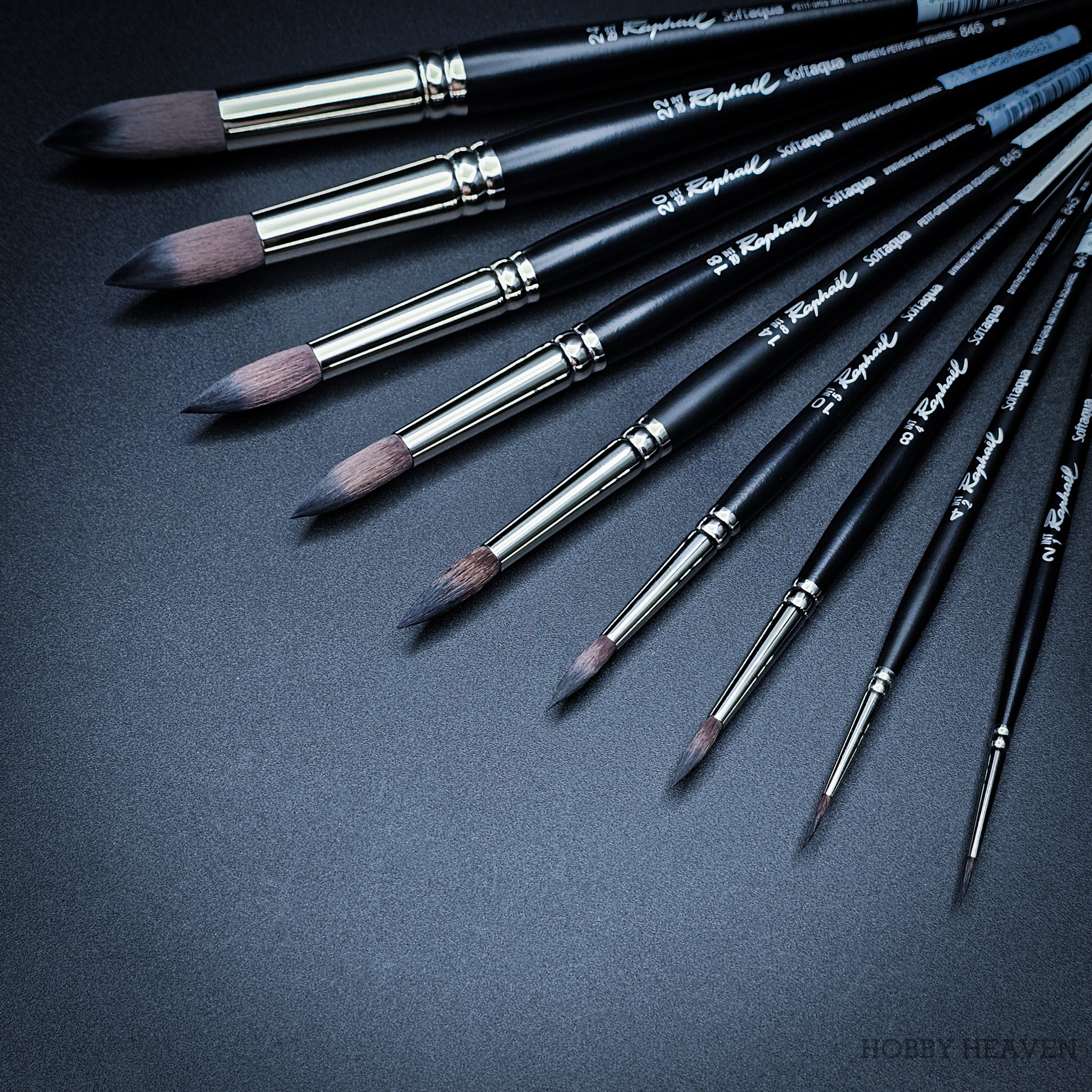 Raphaël Softaqua 845 round synthetic squirrel watercolour brushes in multiple sizes with black handles and nickel ferrules