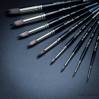 Raphaël Softaqua 845 round synthetic squirrel watercolour brushes in multiple sizes with black handles and nickel ferrules
