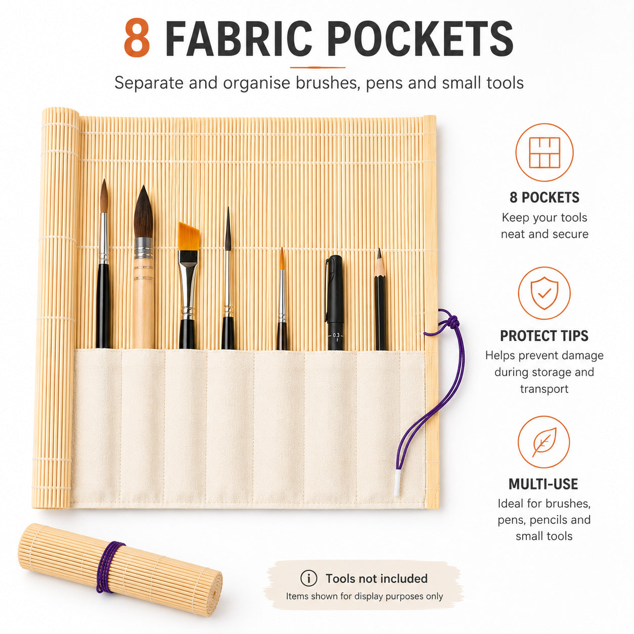 Rosemary & Co bamboo brush roll infographic showing 8 fabric pockets for organising brushes, pens and small tools