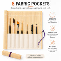 Rosemary & Co bamboo brush roll infographic showing 8 fabric pockets for organising brushes, pens and small tools
