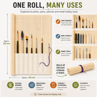 Rosemary & Co bamboo brush roll multi-use infographic showing storage for paint brushes, pens, pencils and small hobby tools
