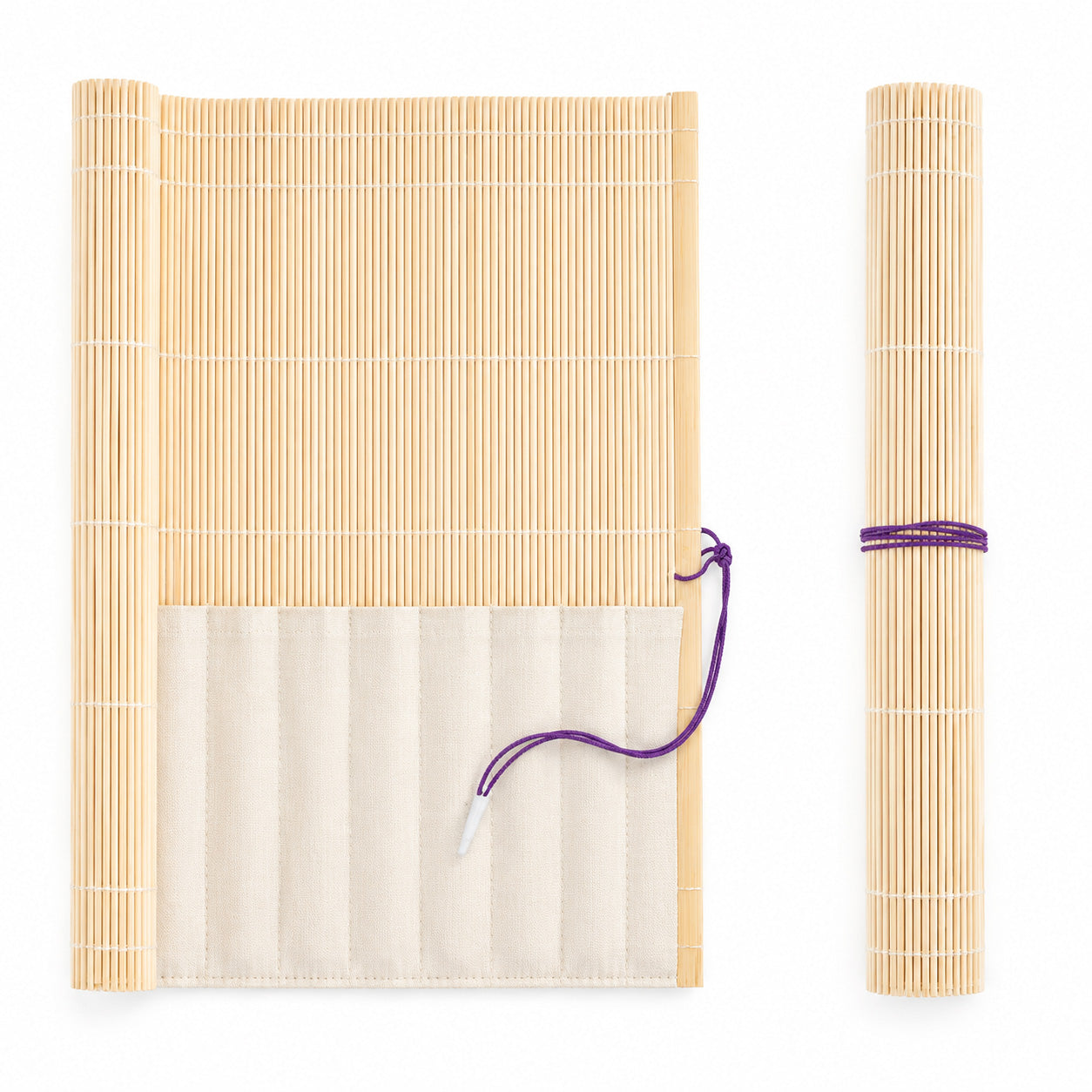 Rosemary & Co natural bamboo brush roll shown open and rolled, with 8 fabric pockets and purple tie cord