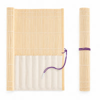 Rosemary & Co natural bamboo brush roll shown open and rolled, with 8 fabric pockets and purple tie cord
