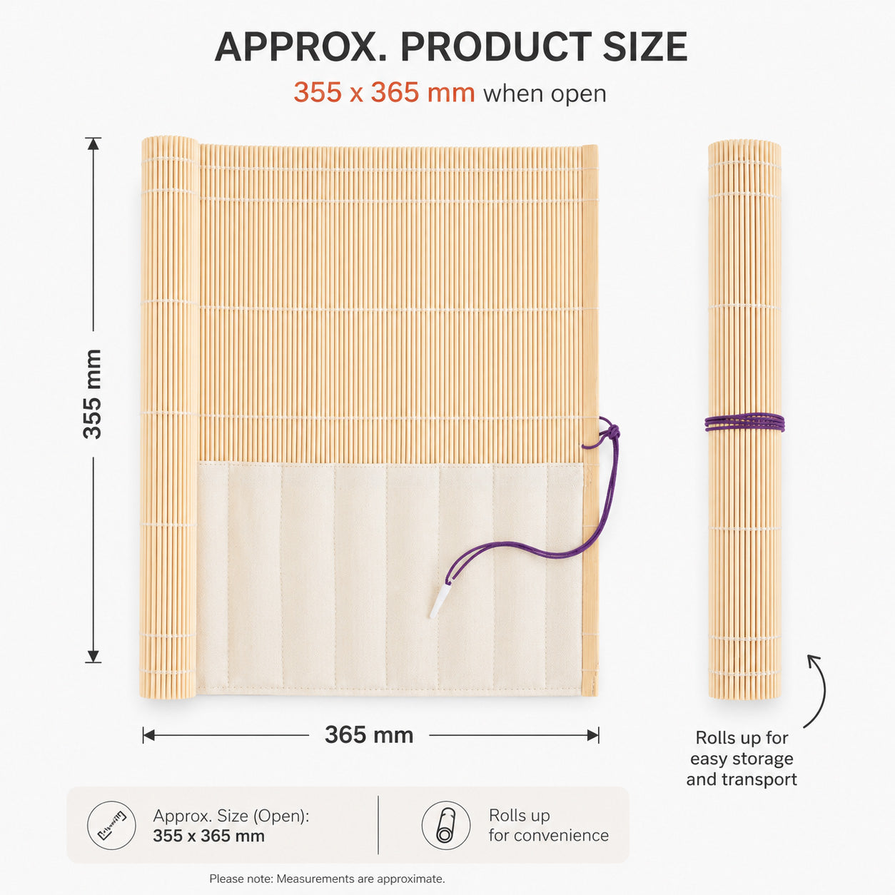 Rosemary & Co bamboo brush roll dimensions infographic showing approximate open size and rolled storage format