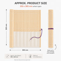 Rosemary & Co bamboo brush roll dimensions infographic showing approximate open size and rolled storage format
