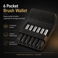 Rosemary & Co black 6 pocket brush wallet infographic showing individual pockets, compact folded design and use with short travel brushes

