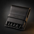 Rosemary & Co black leather 6 pocket brush wallet shown closed for storing short pocket travel brushes