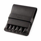 Closed Rosemary & Co black leather 6 pocket travel brush wallet with embossed logo, fold-over flap and tuck strap