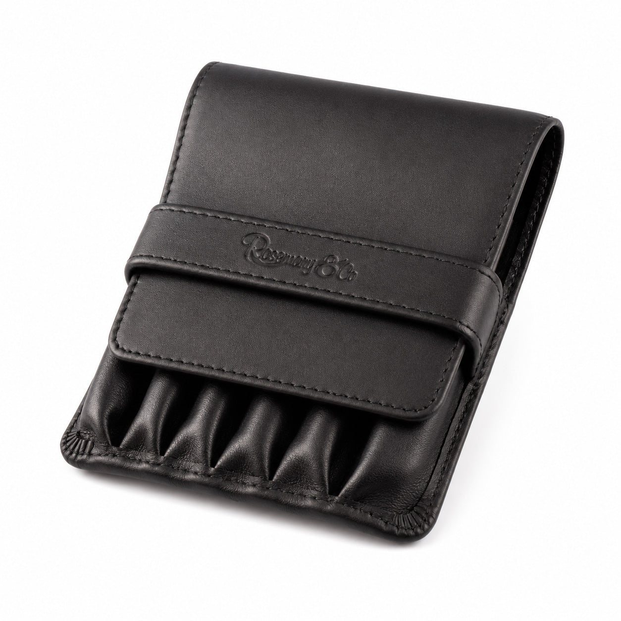 Closed Rosemary & Co black leather 6 pocket travel brush wallet with embossed logo, fold-over flap and tuck strap