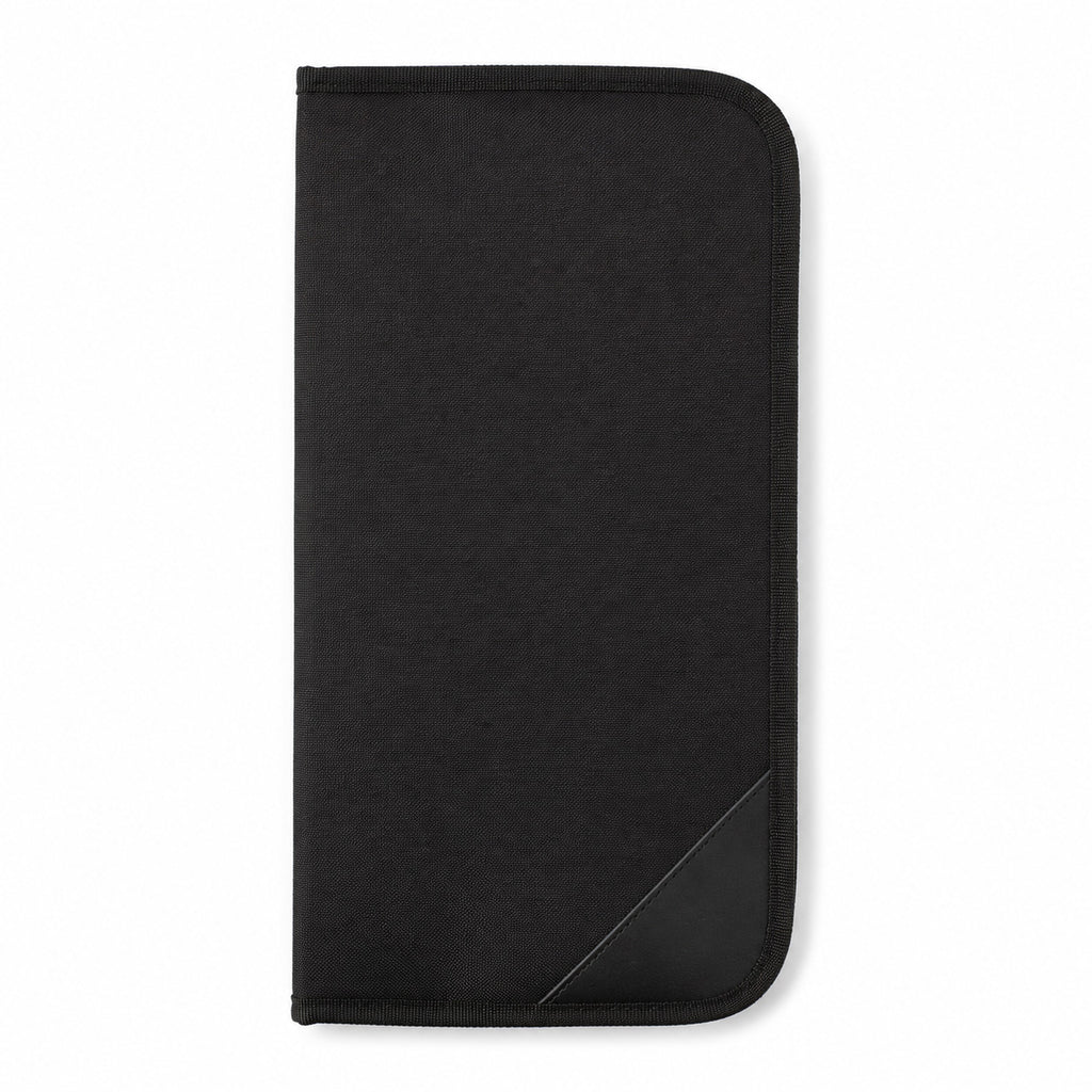 Closed Rosemary & Co black nylon brush case with firm outer casing and zip-around edge for storing and carrying artist brushes