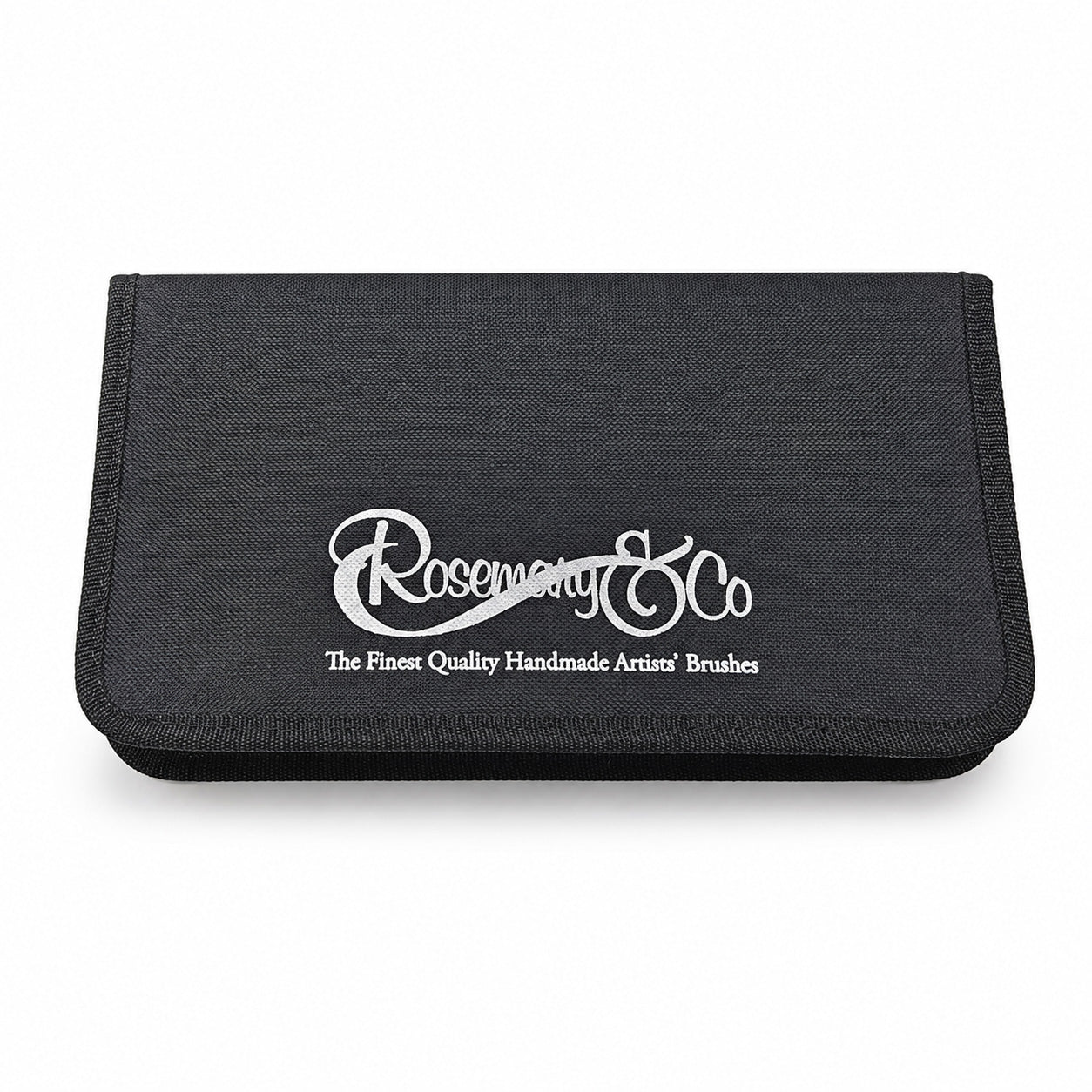 Closed Rosemary & Co black nylon brush case with white logo, slim zip-around design and textured outer cover