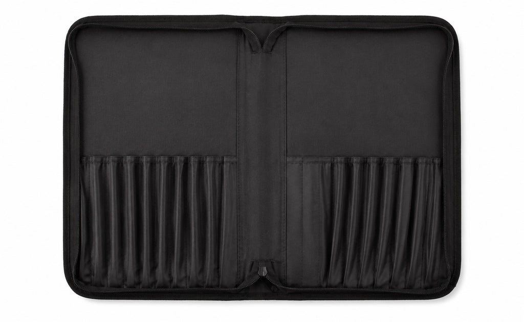 Open Rosemary & Co black nylon brush case with 18 brush pockets and two large storage pockets for artists brushes and accessories