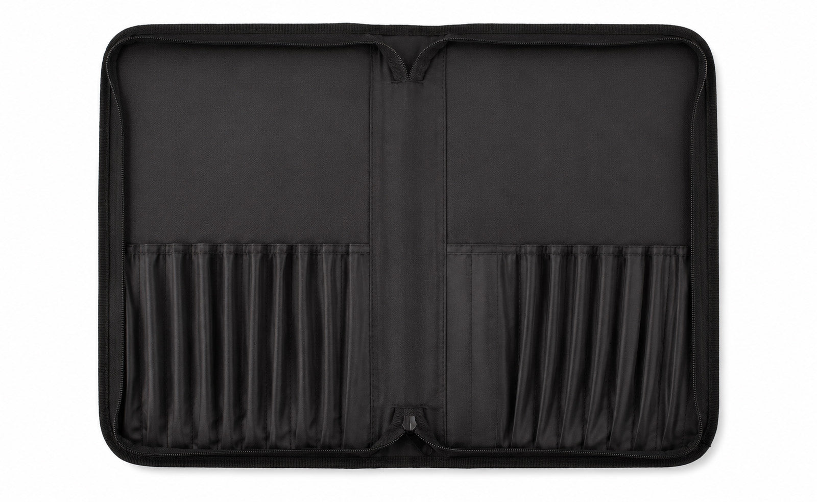 Open Rosemary & Co black nylon brush case with 18 brush pockets and two large storage pockets for artists brushes and accessories