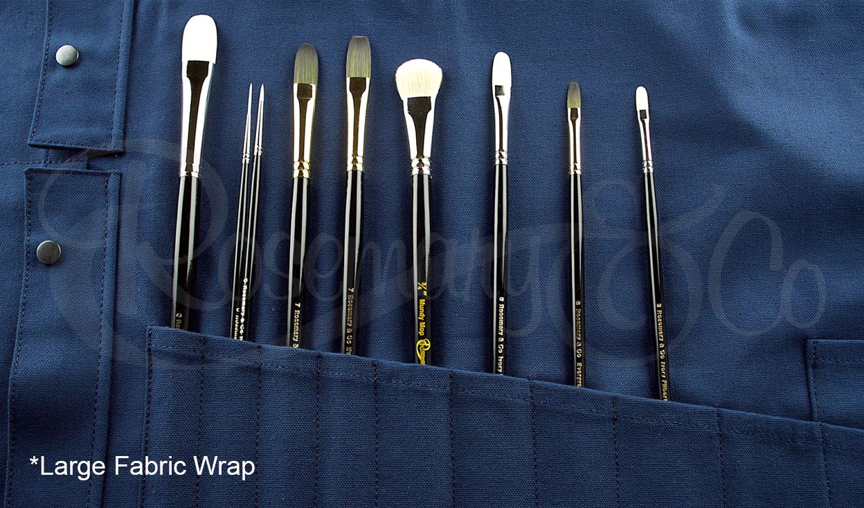 Open Rosemary & Co large navy fabric brush wrap showing long-handle artist brushes stored in individual canvas pouches