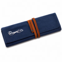Closed Rosemary & Co large navy canvas brush wrap with wrap-around leather strap and press-stud closure
