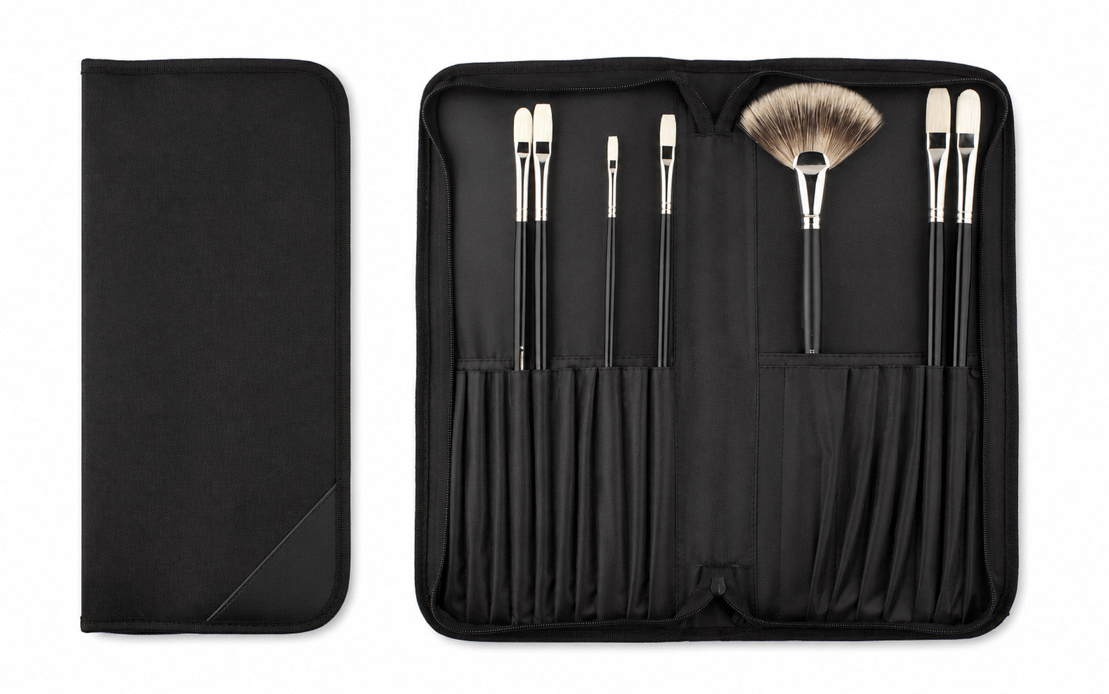 Rosemary & Co black nylon brush case shown open and closed, with individual brush pockets and zip-around storage design