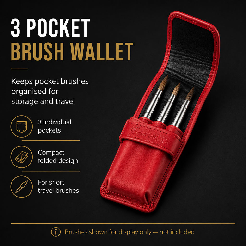 Rosemary & Co red 3 pocket brush wallet infographic showing individual pockets, compact folded design and use with short travel brushes