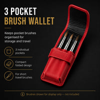 Rosemary & Co red 3 pocket brush wallet infographic showing individual pockets, compact folded design and use with short travel brushes
