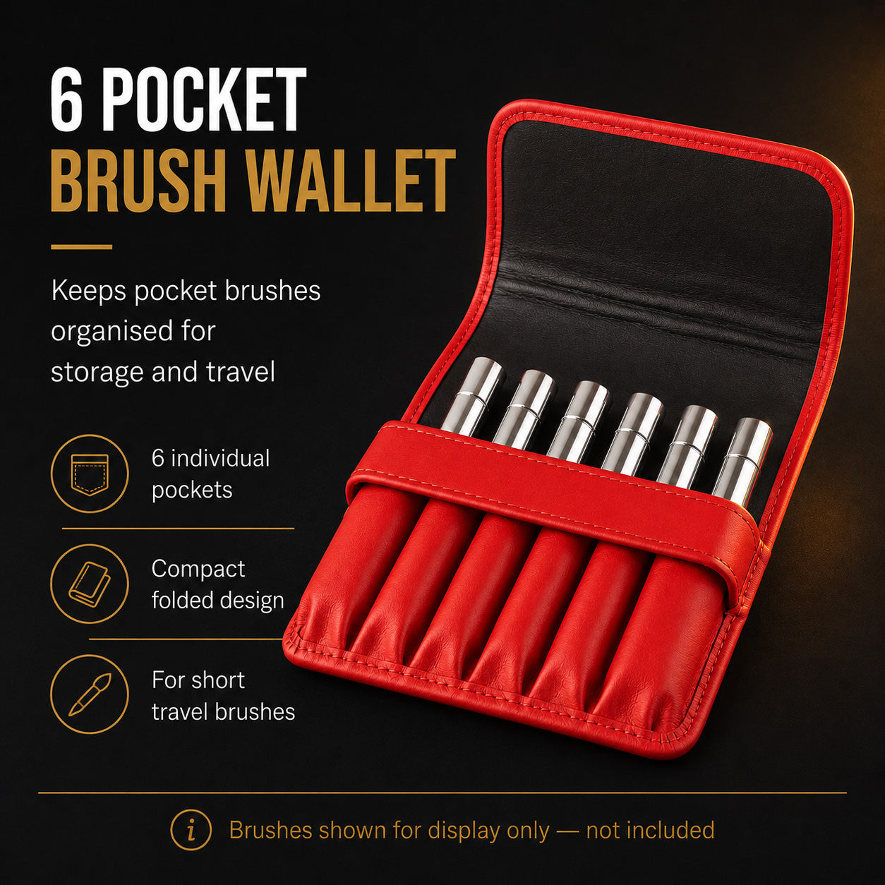 Rosemary & Co red 6 pocket brush wallet infographic showing individual pockets, compact folded design and use with short travel brushes