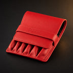 Rosemary & Co red leather 6 pocket brush wallet shown closed for storing short pocket travel brushes