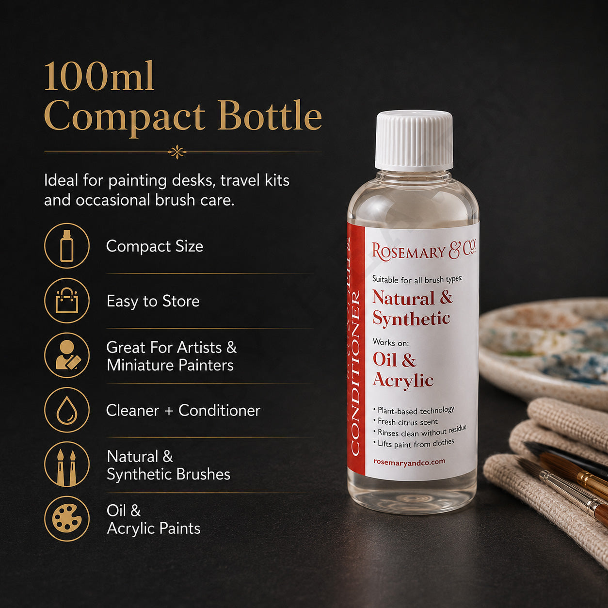 Rosemary & Co 100ml brush cleaner compact bottle, ideal for painting desks, travel kits and occasional brush care