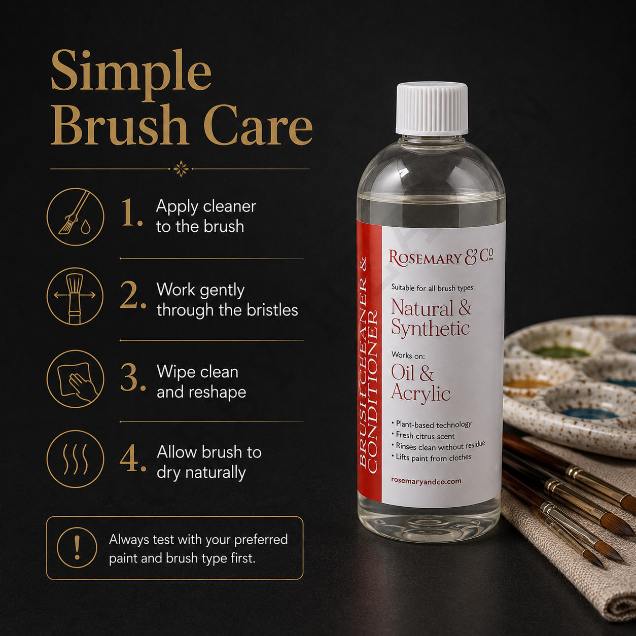 How to use Rosemary & Co brush cleaner in four steps: apply, work through bristles, wipe and reshape, dry naturally