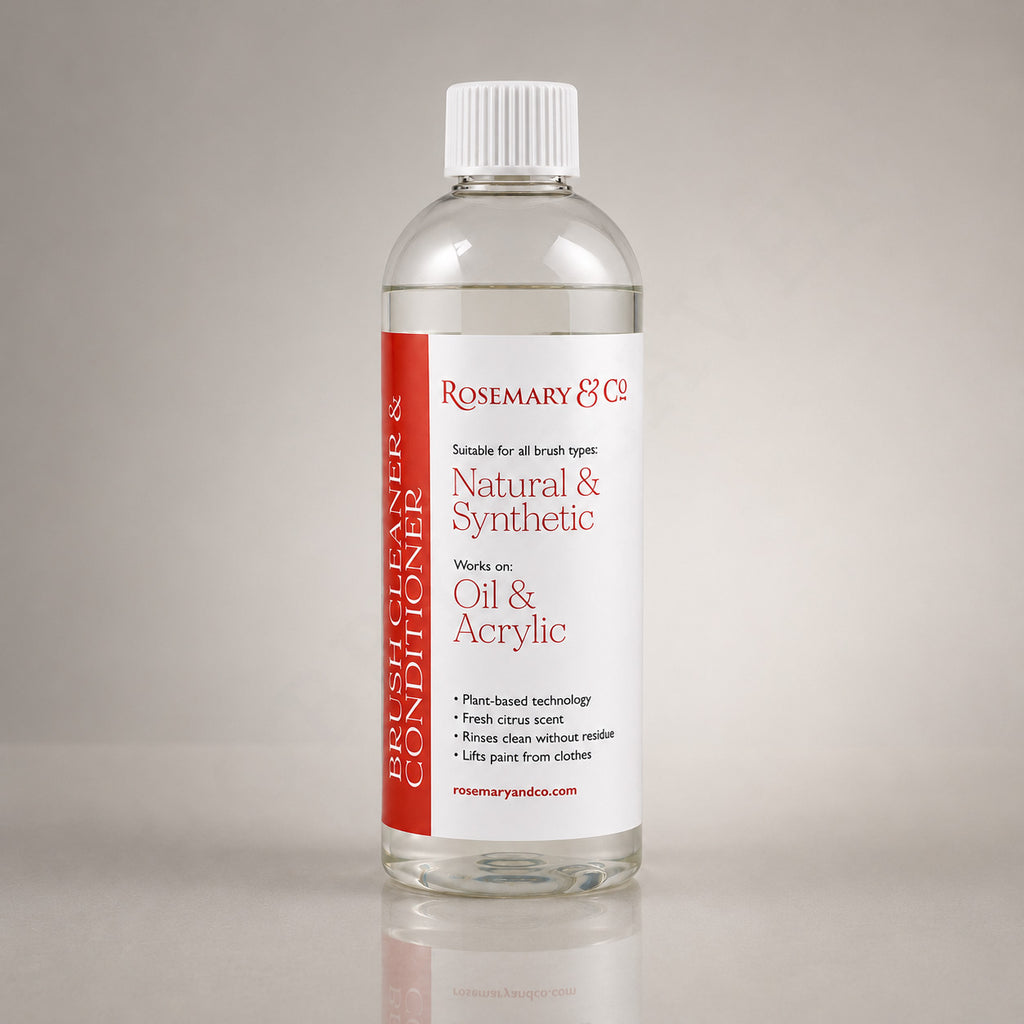 Rosemary & Co plant-based brush cleaner and conditioner 250ml bottle with red and white label