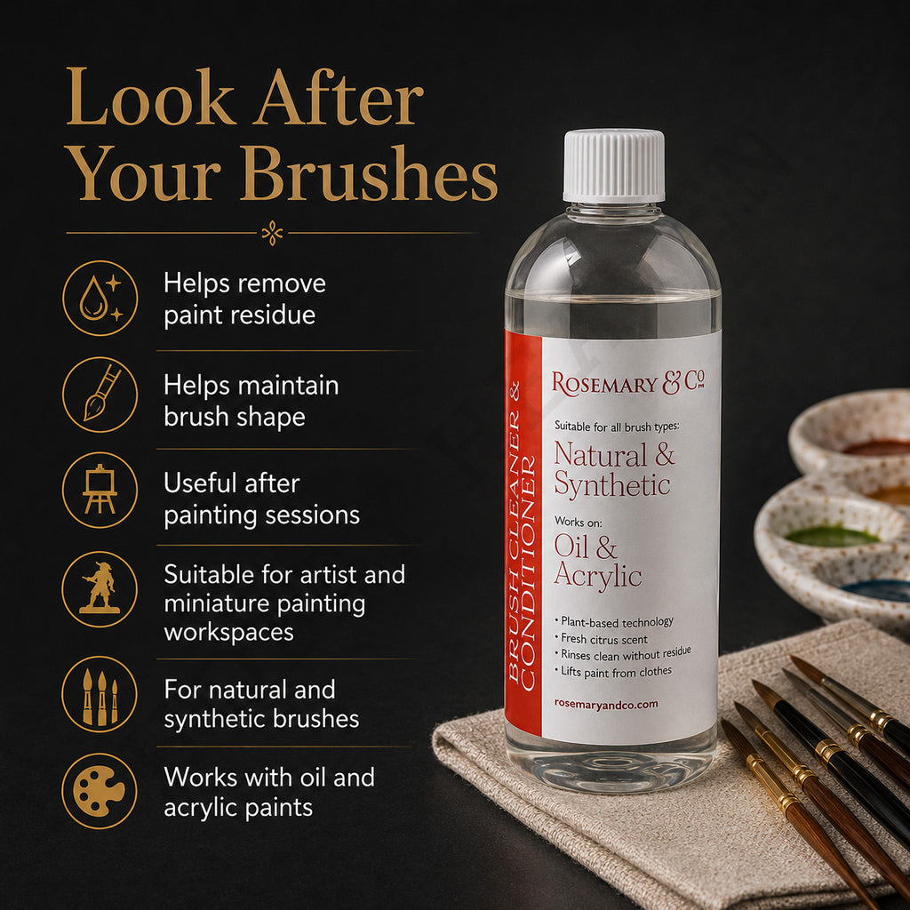 Rosemary & Co brush cleaner benefits: removes paint residue, maintains brush shape, for natural and synthetic brushes