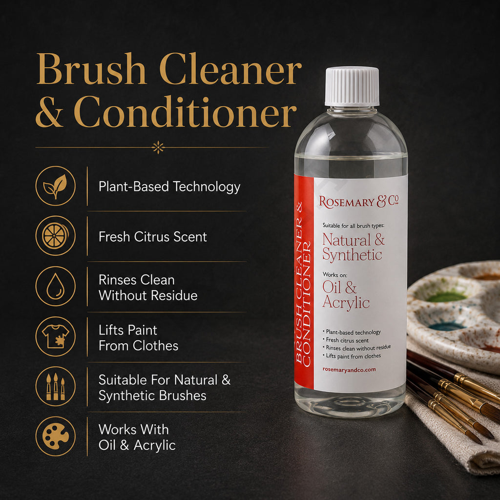 Rosemary & Co brush cleaner features: plant-based, fresh citrus scent, rinses clean without residue, works on oil and acrylic