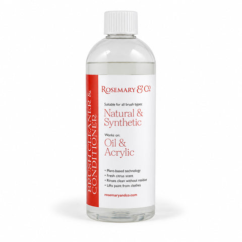 Rosemary & Co Brush Cleaner & Conditioner 250ml bottle, front label for natural and synthetic brushes