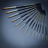 Rosemary & Co Series 33 Kolinsky Sable watercolor brushes complete range displayed on black background showing all sizes from 10/0 to size 12, professional artist brushes with natural hair and silver ferrules
