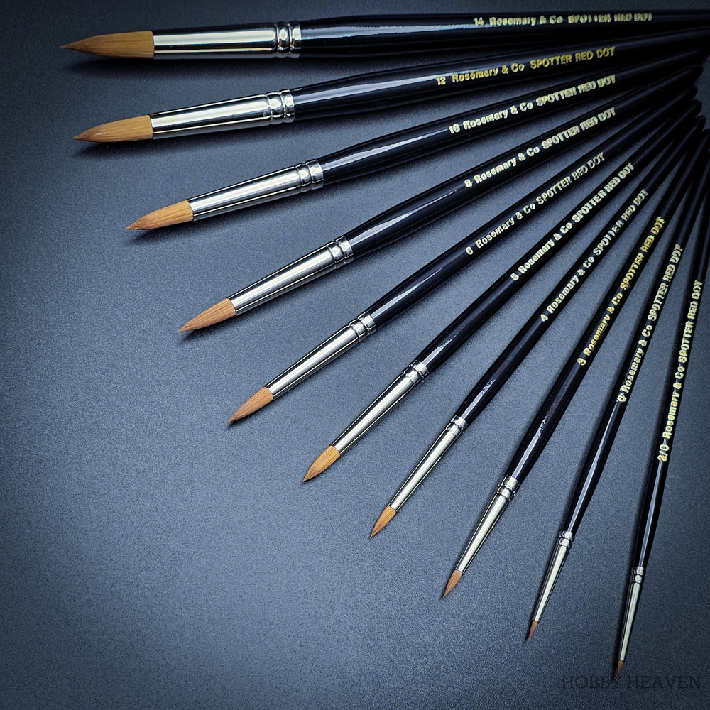 Rosemary & Co Red Dot Spotters synthetic brushes angled group shot on black background