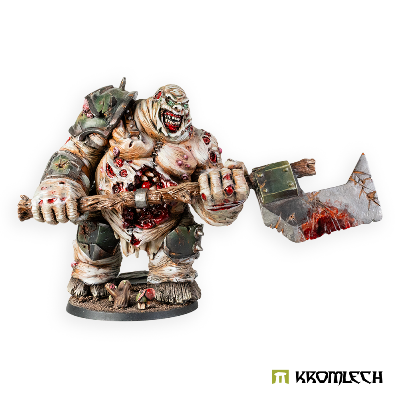 Kromlech Ro'butcher, Daemon of Plague painted: a bloated daemon holding a huge cleaver across his body, on a round base