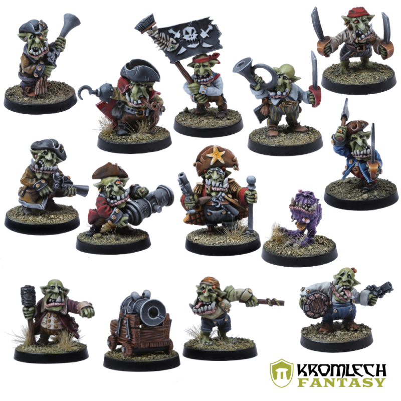 Kromlech Rotting Octopus Crew: fourteen painted goblin pirate miniatures including the deck cannon