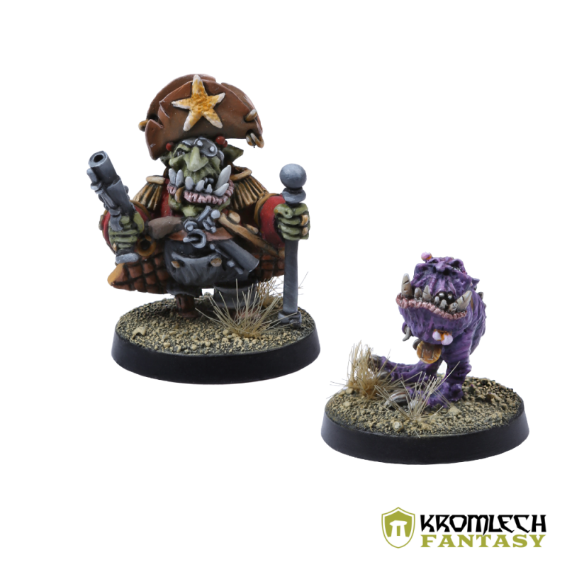 Captain Gobbosa Blakk Eye in a star-marked hat beside Gnawer, a purple toothy beast